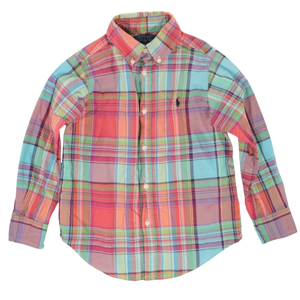 Ralph Lauren Button Down Shirt Boys 5 Plaid Madras Long Sleeve Cotton Preppy